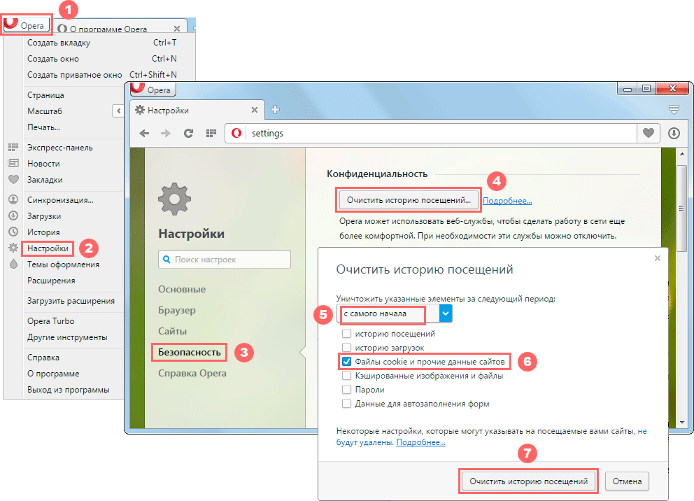 Очистка куки-файлов в Opera